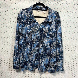 Cascade Blue Petite Blue & Cream Floral Paisley Print Long Sleeve Button Down